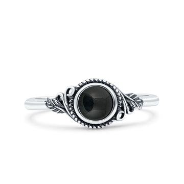 Filigree Petite Dainty Round Simulated Black Agate Promise Ring Band Oxidized 925 Sterling Silver